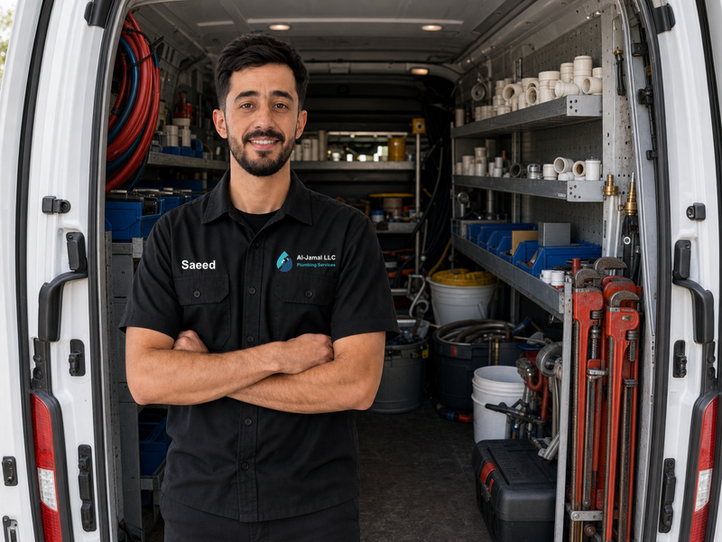 Said Al-Jamal inside the Al-Jamal LLC plumbing service van