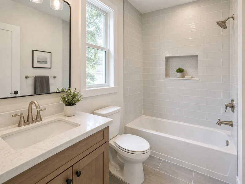 Finished bathroom plumbing with careful fixture placement