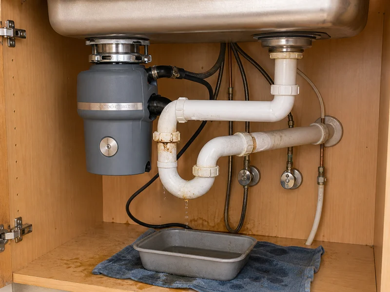 Under-sink plumbing leak area before repair by Al-Jamal LLC