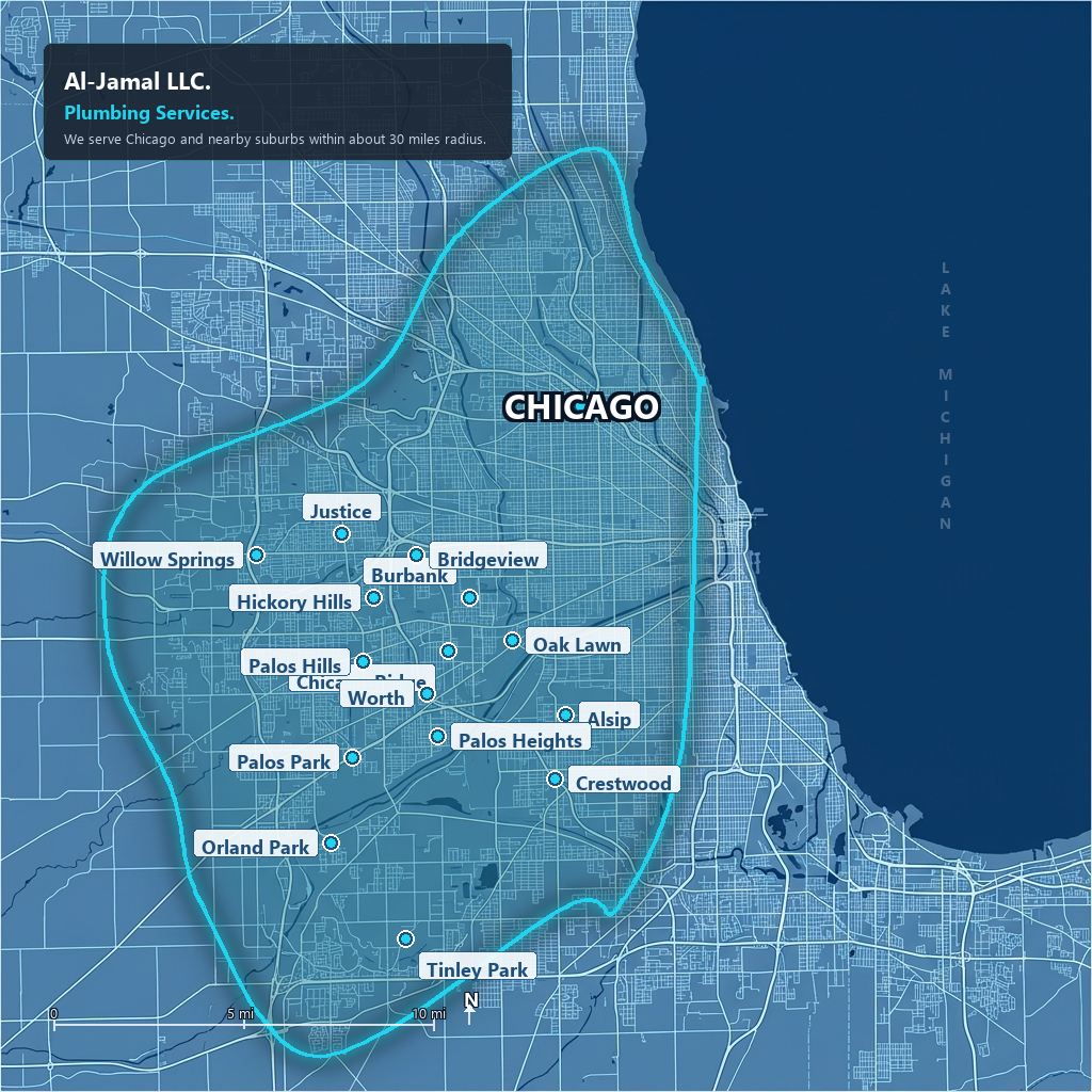 Map showing Chicago and surrounding suburbs served by Al-Jamal LLC