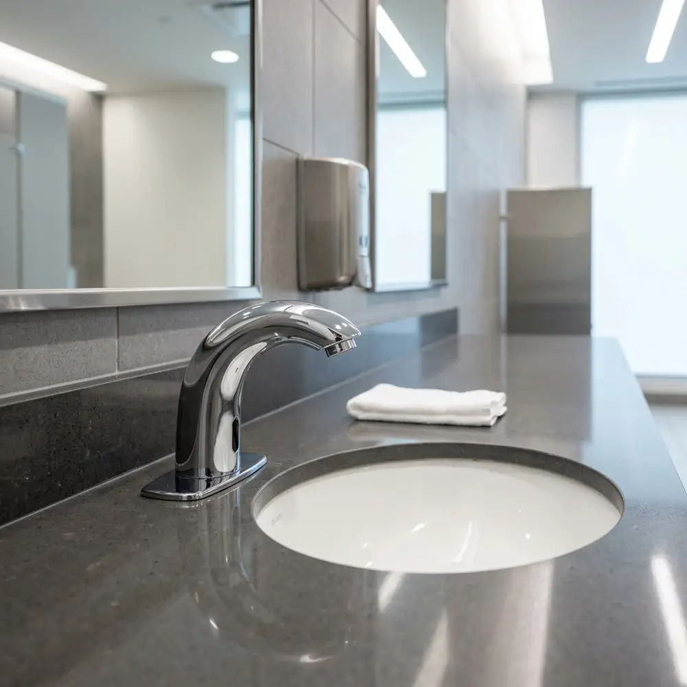 Modern commercial touchless faucet installed on a sleek countertop