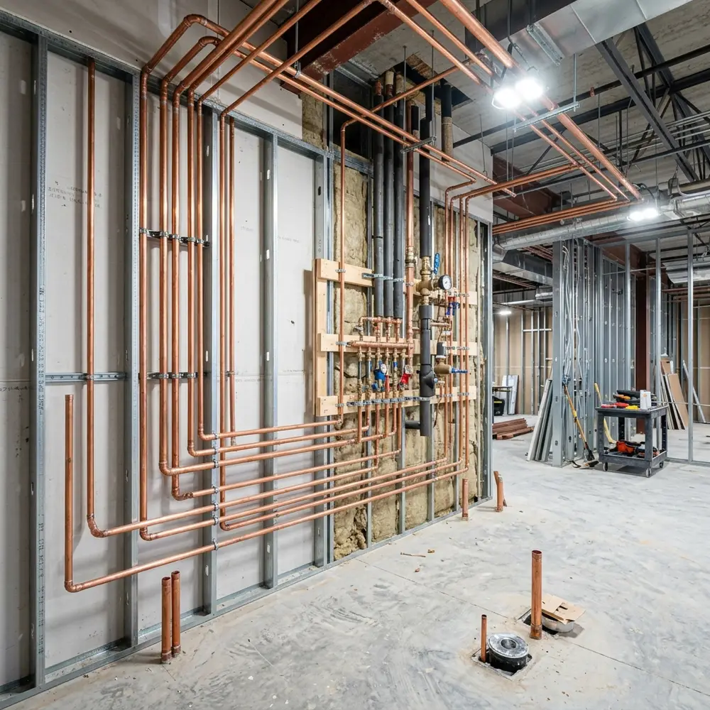Exposed newly installed copper pipes and commercial plumbing rough-in work