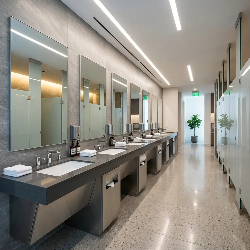 Line of clean commercial restroom sinks and mirrors in a corporate building