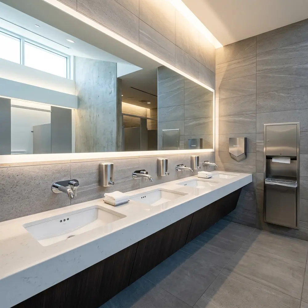 Clean, modern commercial office restroom sink with high-end fixtures